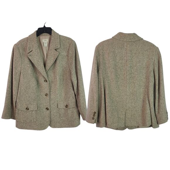 L.L. Bean Tan Brown Wool Silk Vintage Chevron Lined Blazer Jacket Coat 1 X - Picture 1 of 3